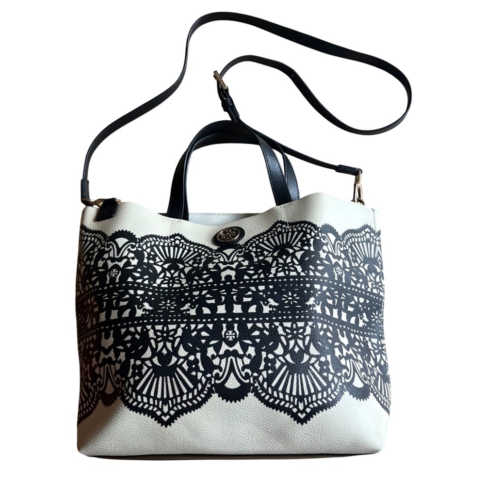 Tory Burch White and Black Lace-Print Tote